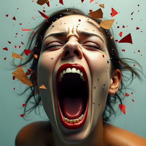 3d Woman Face, screaming, Breaking into big pieces