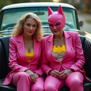 2 rich old ladies wearing fancy freaky pink batwom...