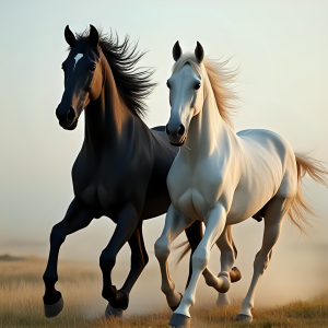 A black horse and a white horse running wild and f...